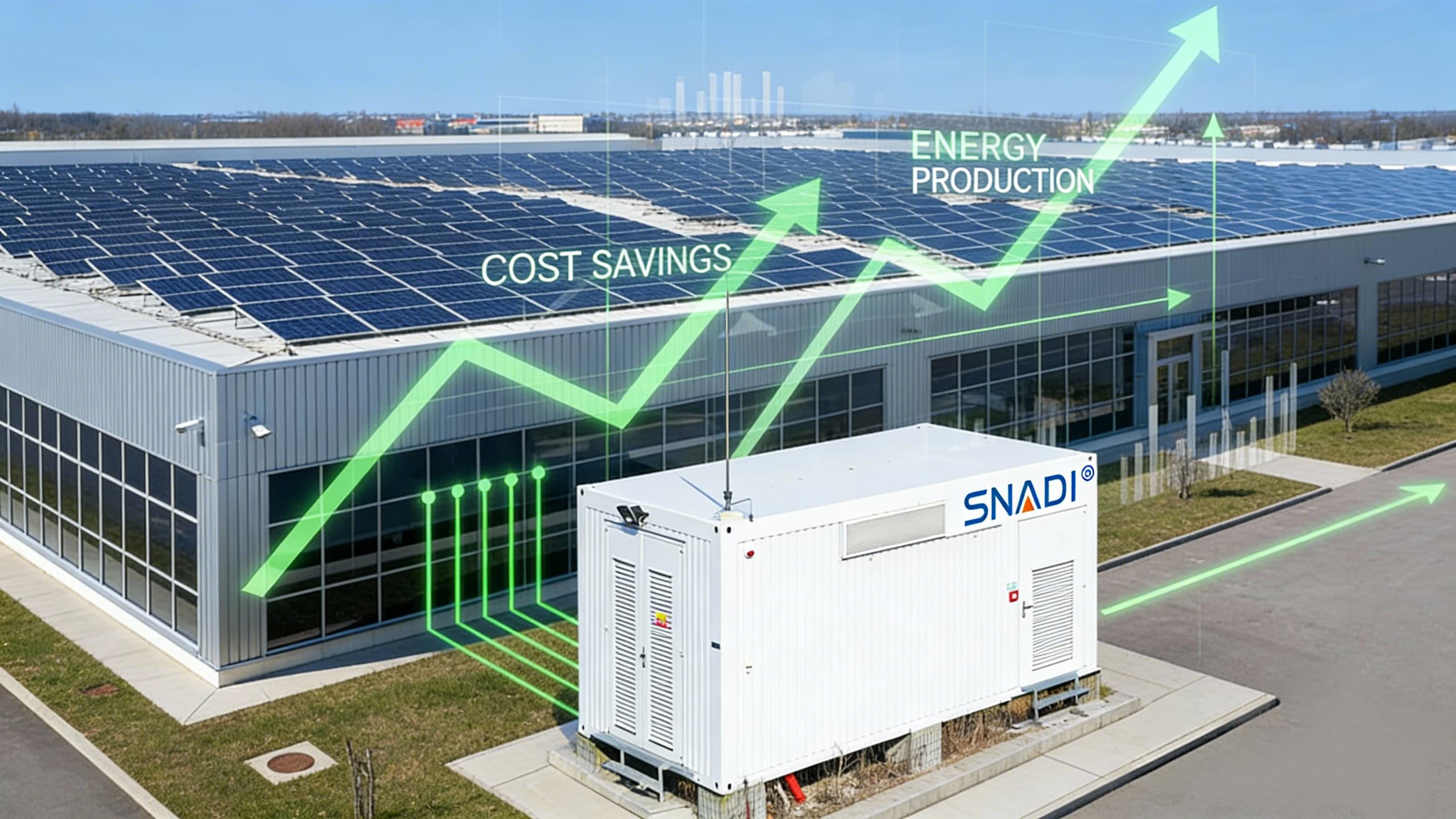 Промышленная аккумуляторная система хранения энергии SNADI (BESS), интегрированная с солнечными панелями на крыше завода, обеспечивает цифровое наложение экономии затрат и производства энергии.